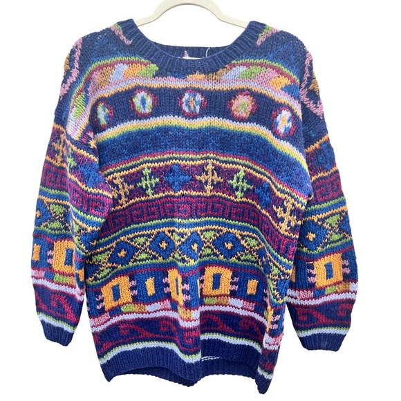 Susann D Sweaters - Vintage Susann D Hand Knit 100% Wool Sweater Small Blue Fair Isle Shetland‎ 90s